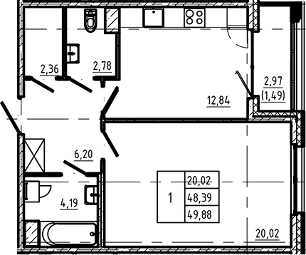 Планировка — Регенбоген, 1-комн., 48 м²