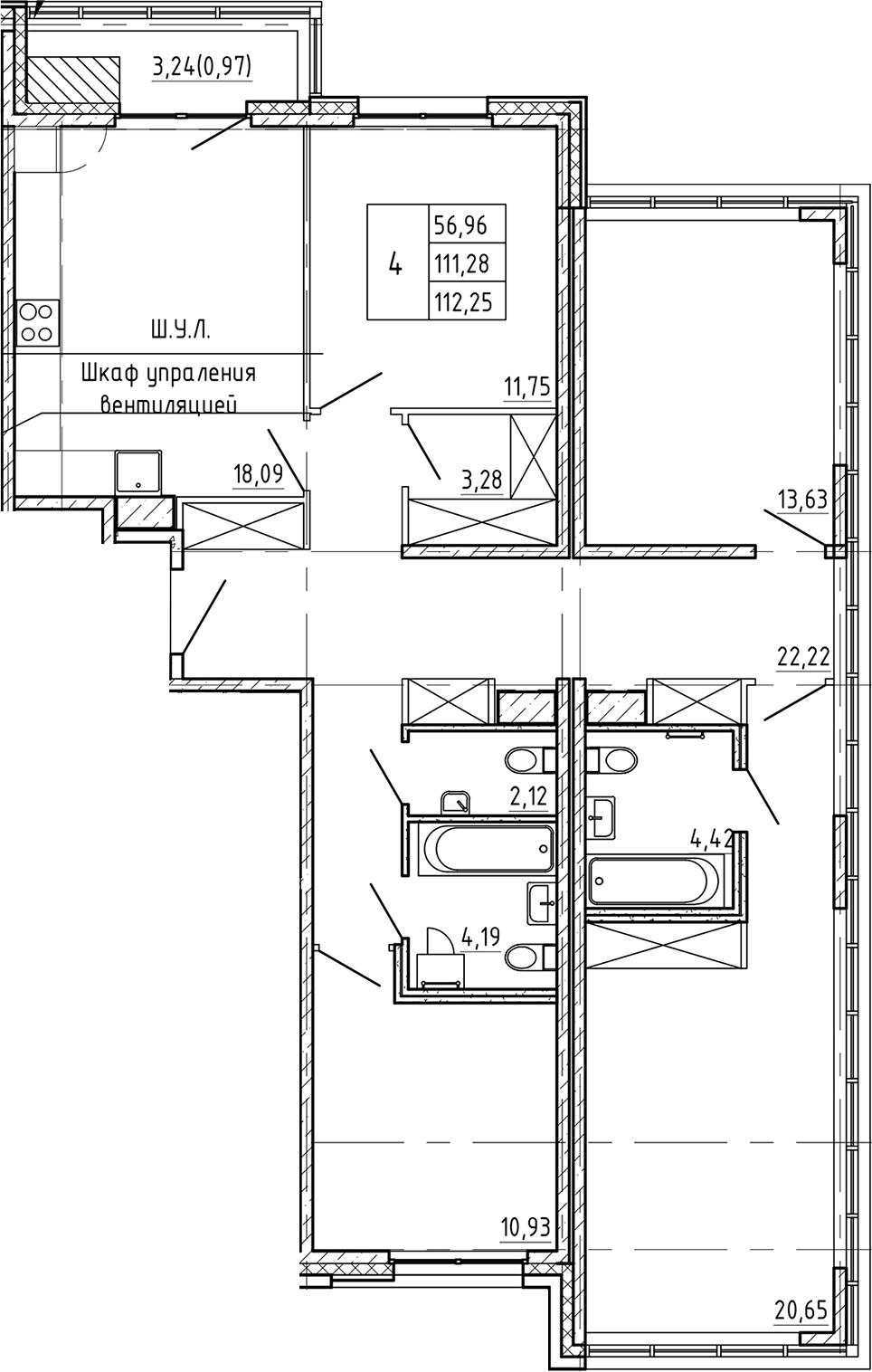 Планировка — Регенбоген, 4-комн., 111 м²