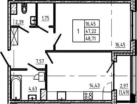Планировка — Регенбоген, 1-комн., 47 м²