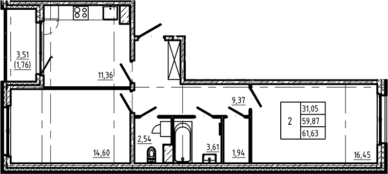 Планировка — Регенбоген, 2-комн., 60 м²