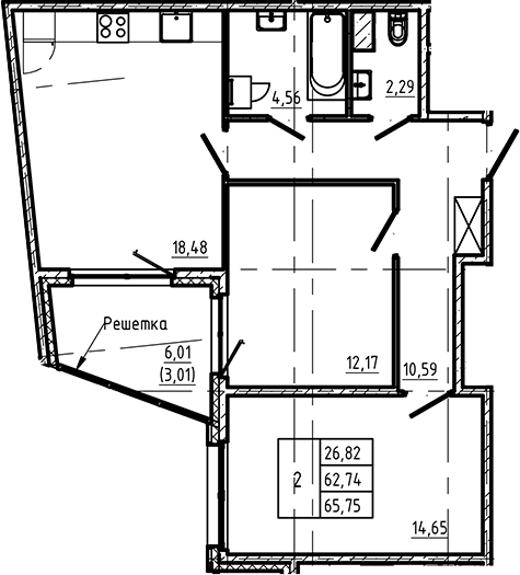 Планировка — Регенбоген, 2-комн., 63 м²