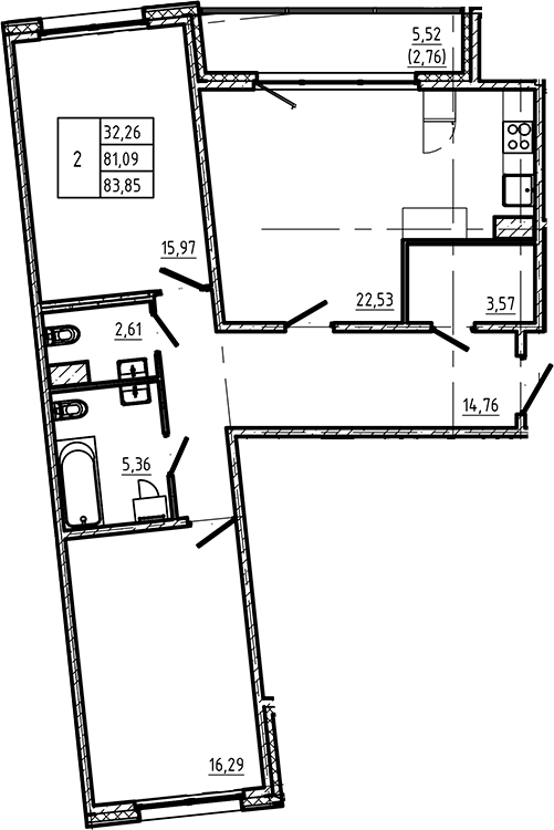 Планировка — Регенбоген, 2-комн., 81 м²