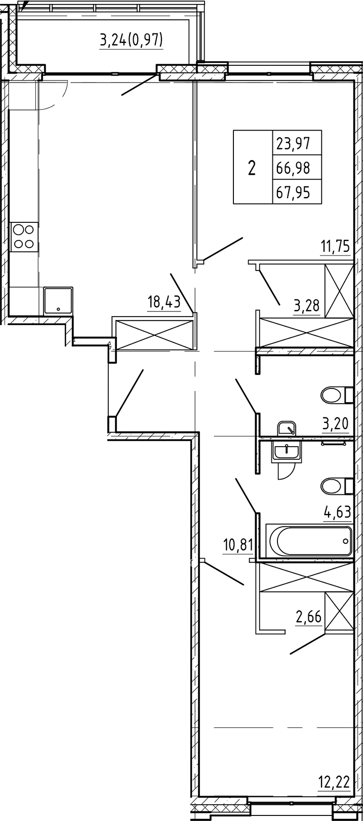 Планировка — Регенбоген, 2-комн., 67 м²