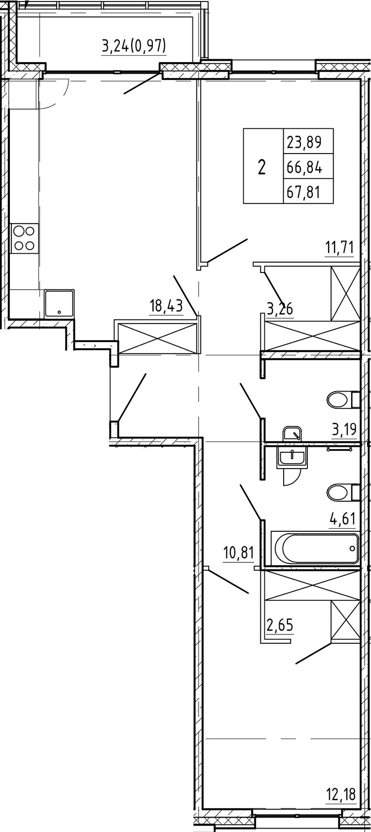 Планировка — Регенбоген, 2-комн., 67 м²