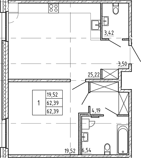 Планировка — Регенбоген, 1-комн., 62 м²