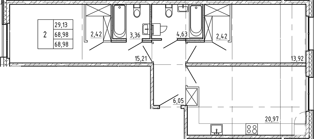 Планировка — Регенбоген, 2-комн., 69 м²