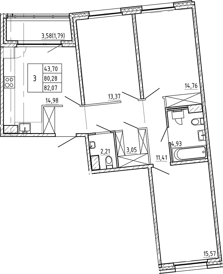 Планировка — Регенбоген, 3-комн., 80 м²