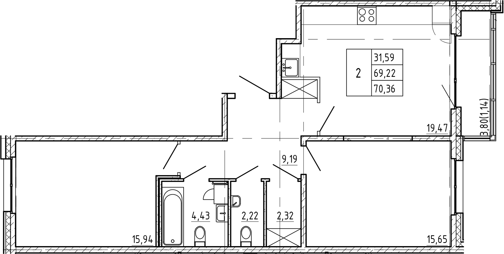 Планировка — Регенбоген, 2-комн., 69 м²