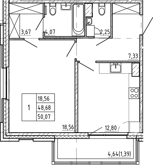 Планировка — Регенбоген, 1-комн., 49 м²