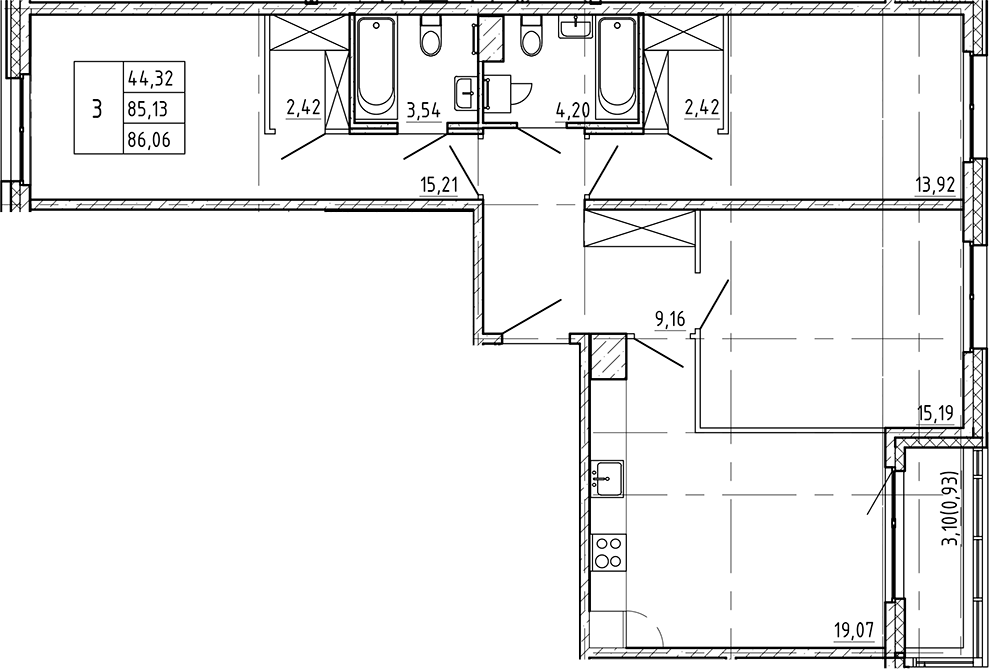 Планировка — Регенбоген, 3-комн., 85 м²