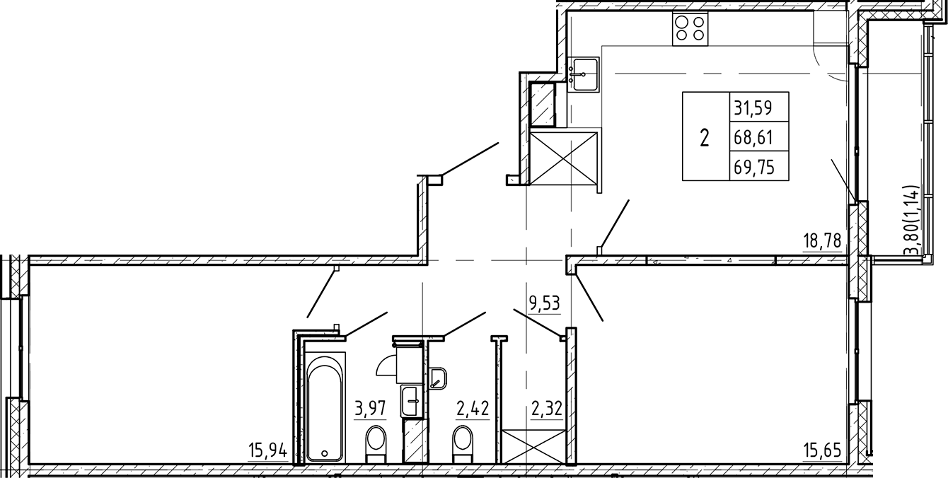Планировка — Регенбоген, 2-комн., 69 м²