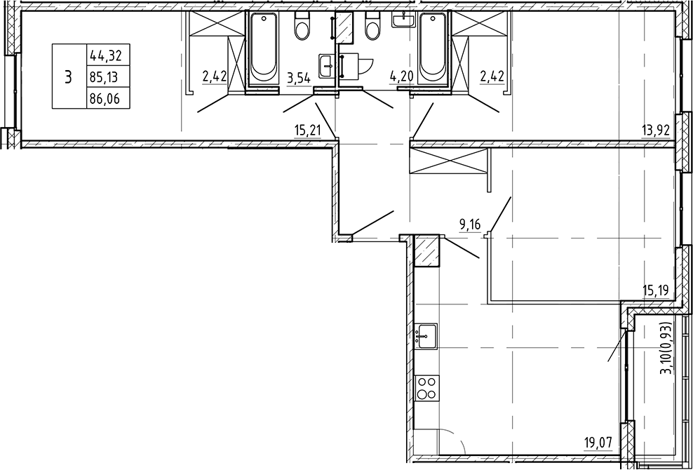 Планировка — Регенбоген, 3-комн., 85 м²