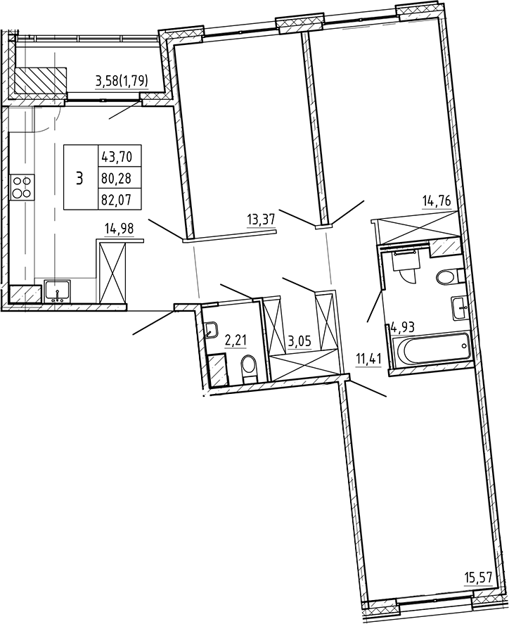 Планировка — Регенбоген, 3-комн., 80 м²