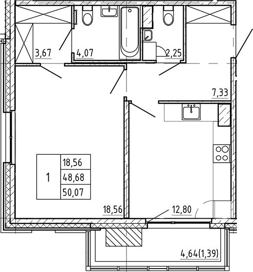 Планировка — Регенбоген, 1-комн., 49 м²