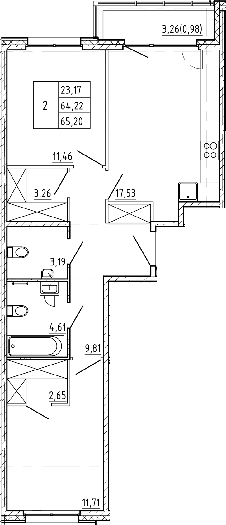 Планировка — Регенбоген, 2-комн., 64 м²