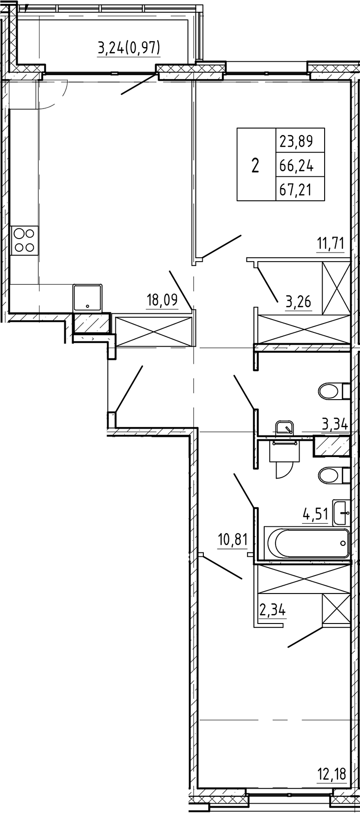 Планировка — Регенбоген, 2-комн., 66 м²