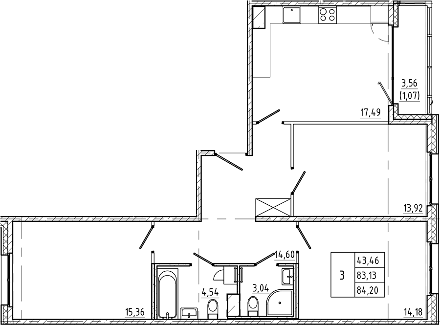 Планировка — Регенбоген, 3-комн., 83 м²