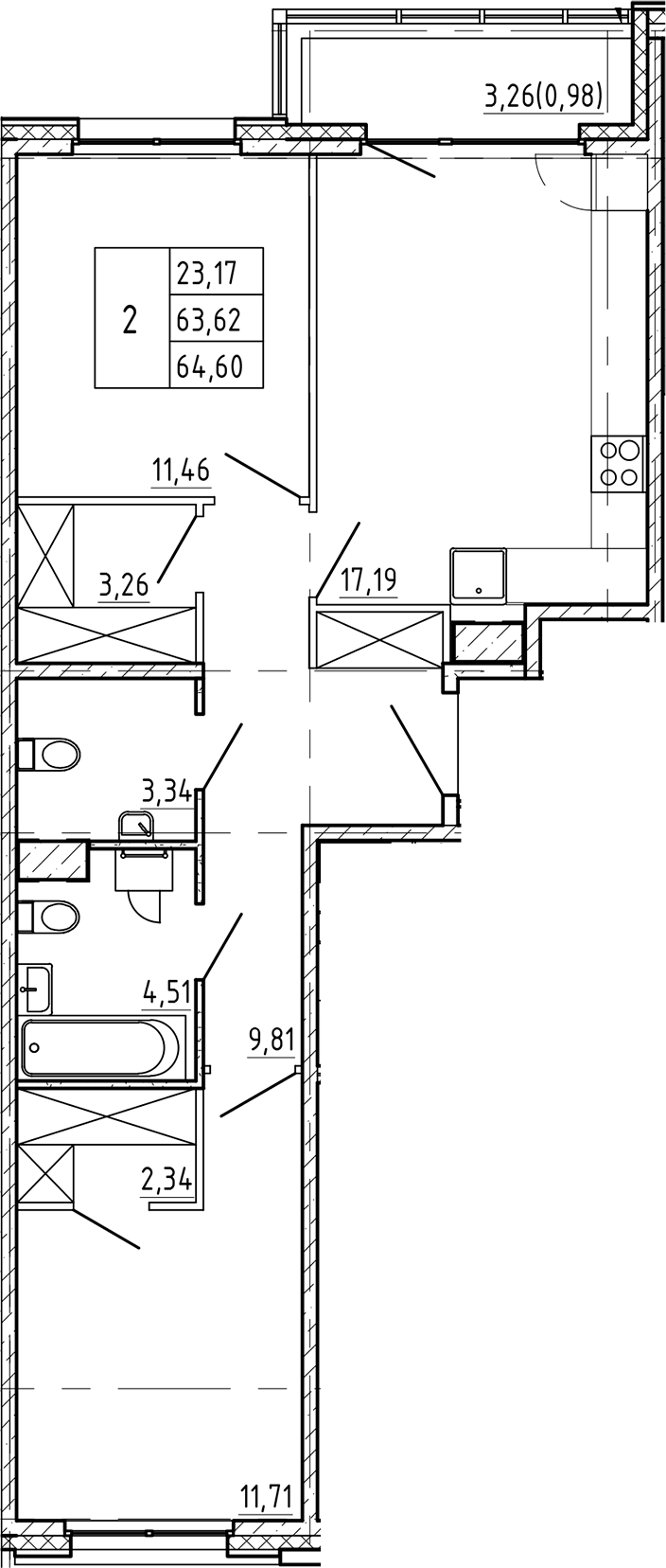 Планировка — Регенбоген, 2-комн., 64 м²