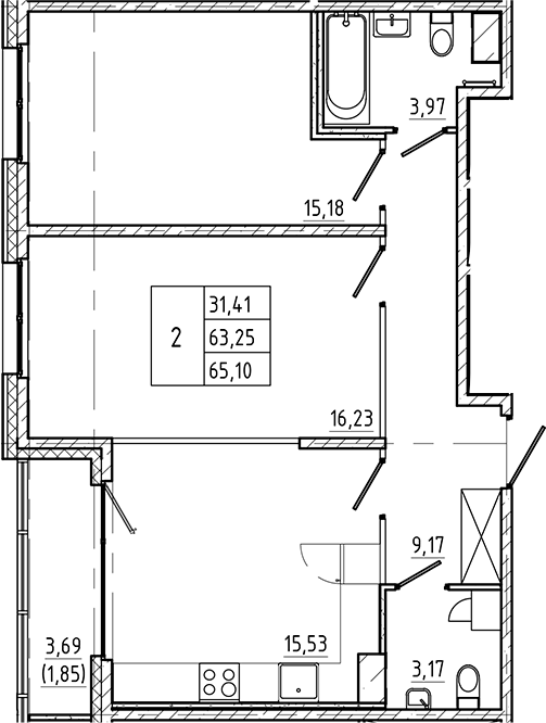 Планировка — Регенбоген, 2-комн., 63 м²