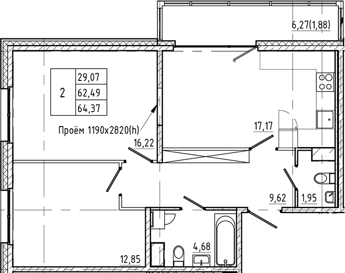 Планировка — Регенбоген, 2-комн., 62 м²