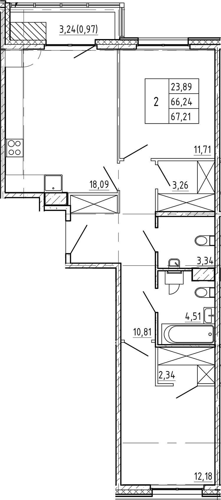 Планировка — Регенбоген, 2-комн., 66 м²