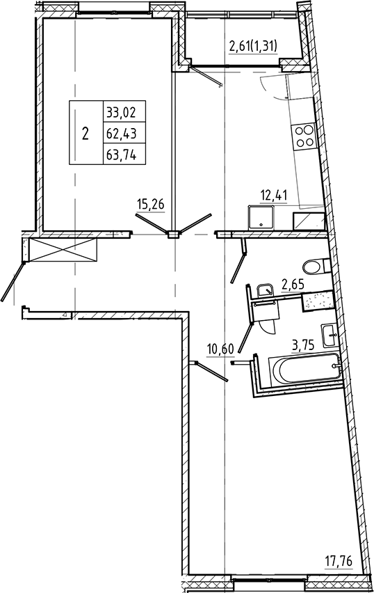 Планировка — Регенбоген, 2-комн., 62 м²