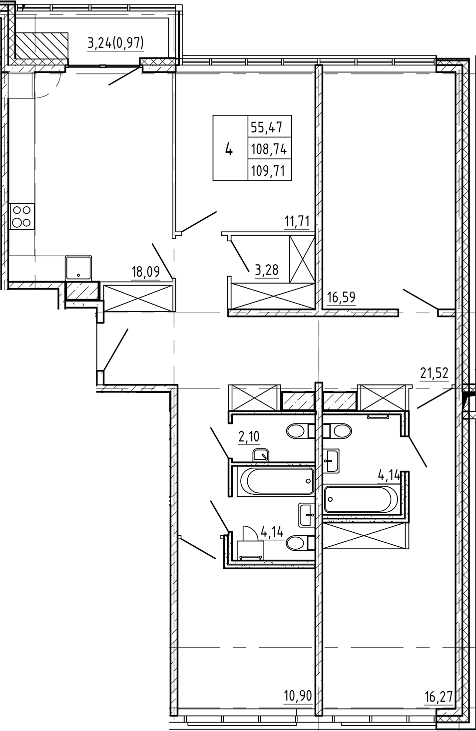 Планировка — Регенбоген, 4-комн., 109 м²