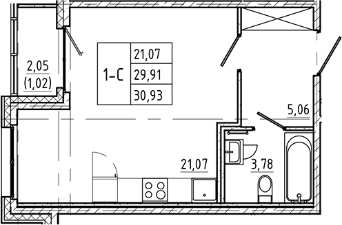 Планировка — Регенбоген, Студия, 30 м²