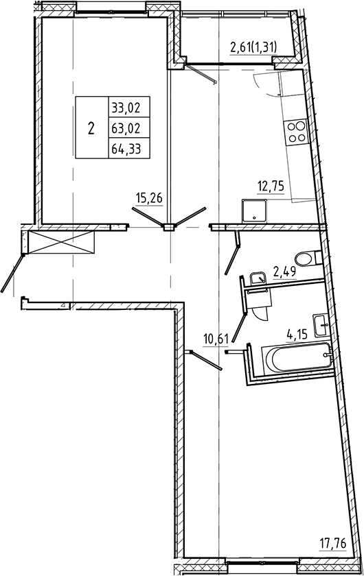 Планировка — Регенбоген, 2-комн., 63 м²