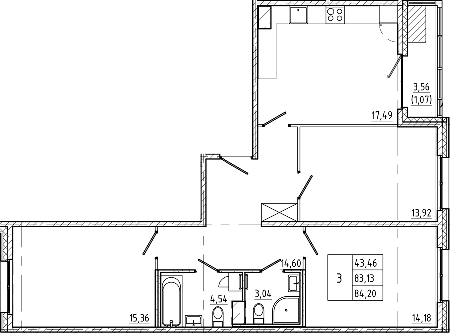 Планировка — Регенбоген, 3-комн., 83 м²