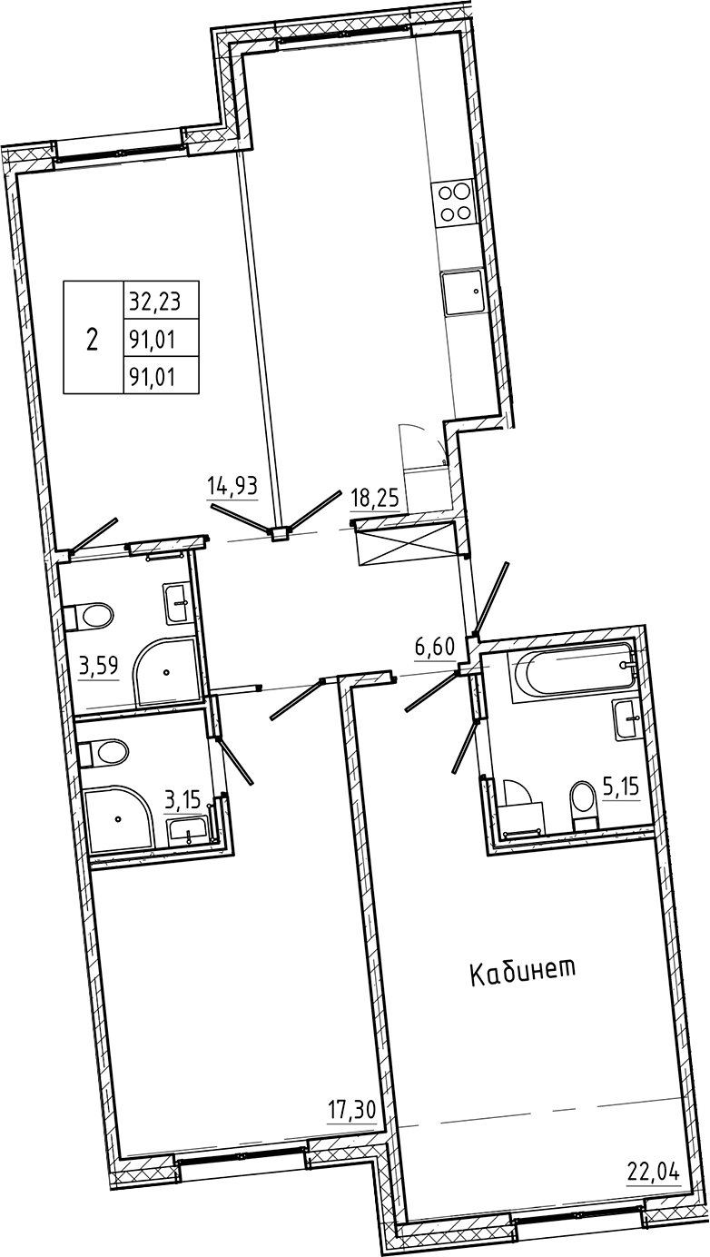Планировка — Регенбоген, 3-комн., 91 м²