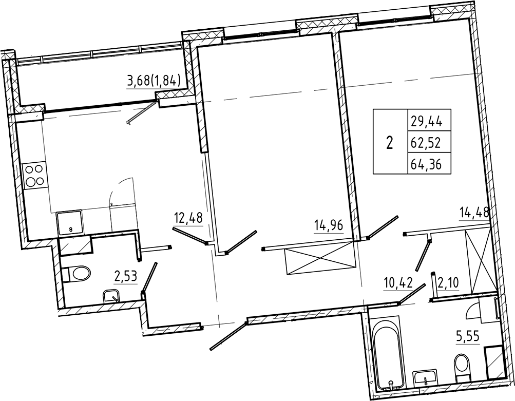 Планировка — Регенбоген, 2-комн., 63 м²