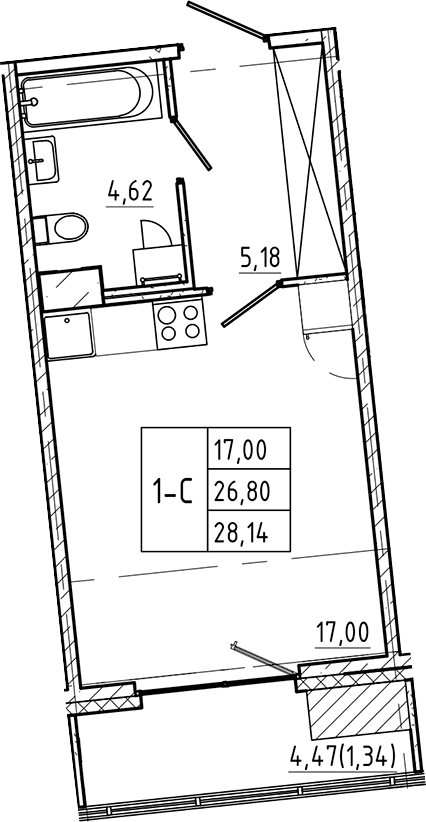 Планировка — Регенбоген, Студия, 27 м²