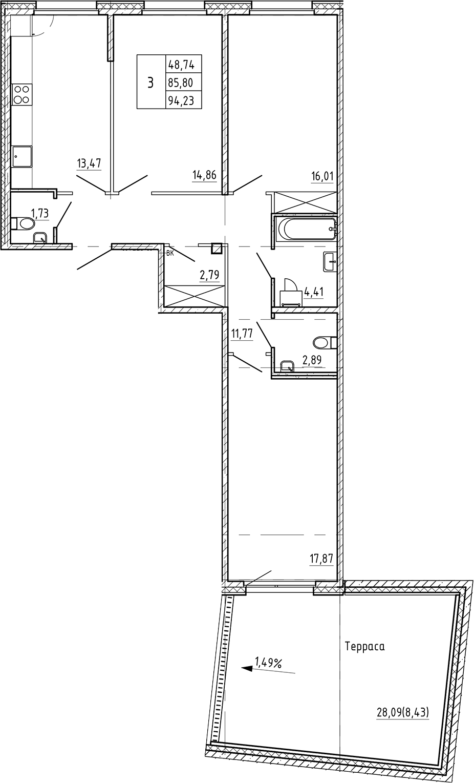 Планировка — Регенбоген, 3-комн., 86 м²