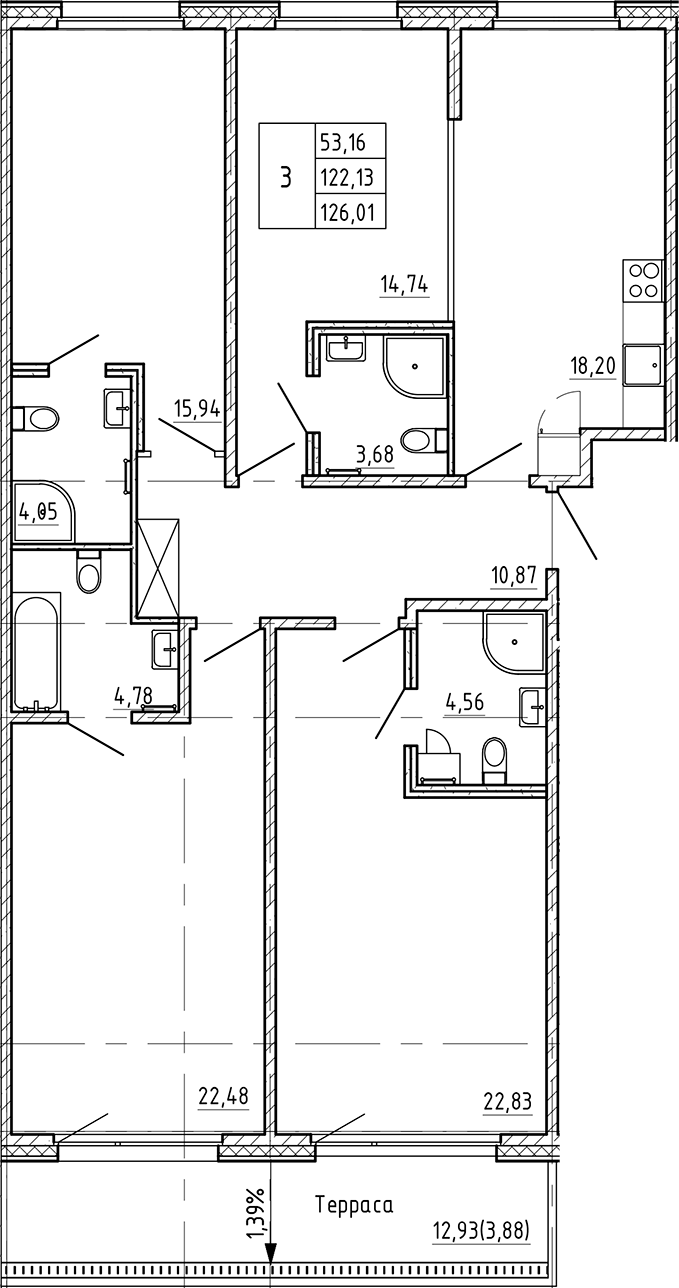 Планировка — Регенбоген, 4-комн., 122 м²