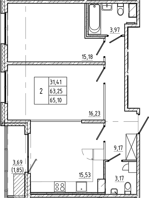 Планировка — Регенбоген, 2-комн., 63 м²