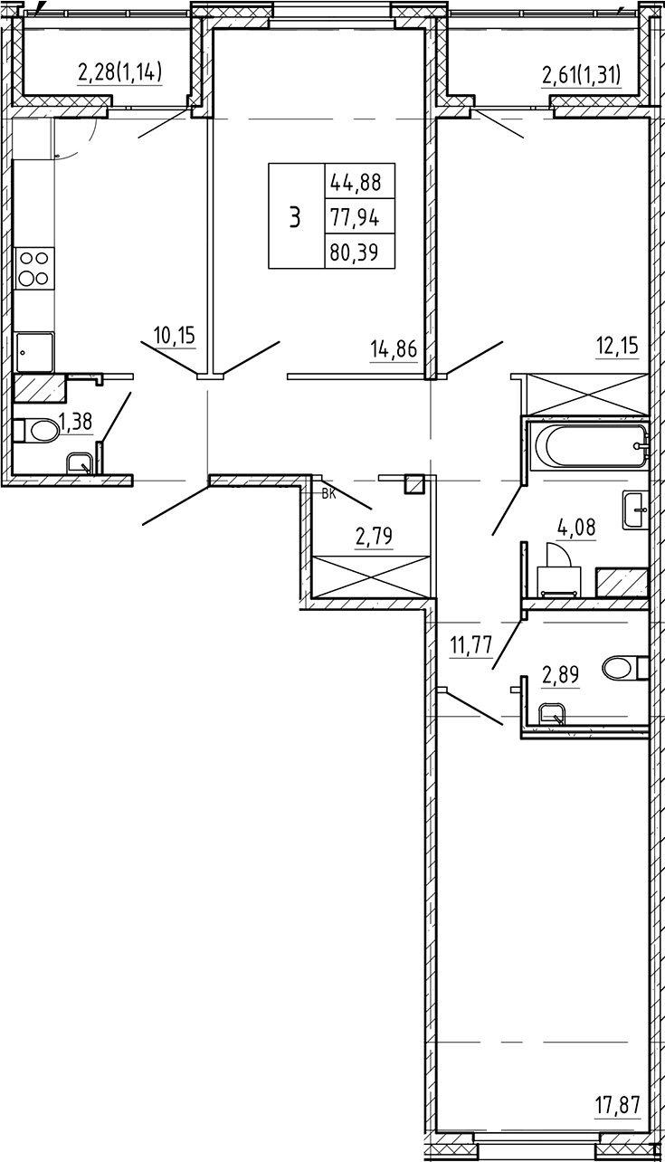 Планировка — Регенбоген, 3-комн., 78 м²