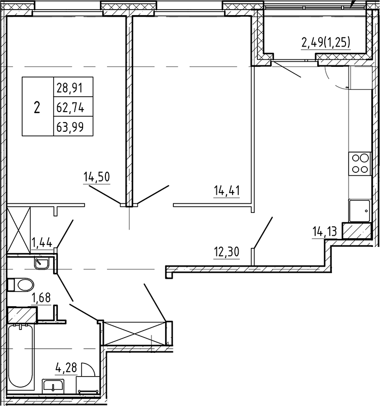 Планировка — Регенбоген, 2-комн., 63 м²
