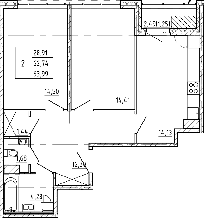 Планировка — Регенбоген, 2-комн., 63 м²