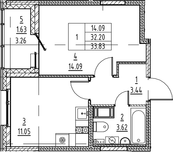 Планировка — Аквилон All in 3.0, 1-комн., 32 м²