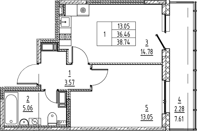 Планировка — Аквилон All in 3.0, 2-комн., 36 м²