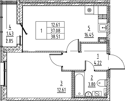 Планировка — Аквилон All in 3.0, 2-комн., 37 м²