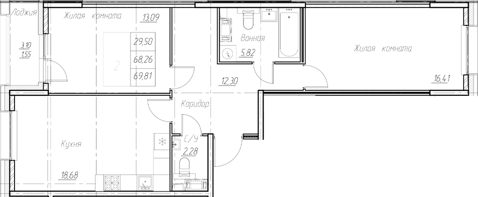 Планировка — Аквилон Ливз, 3-комн., 68 м²