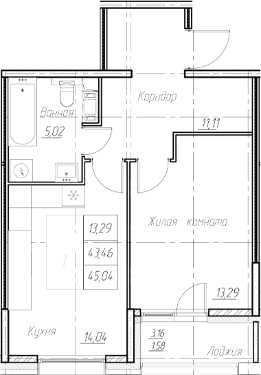 Планировка — Аквилон Ливз, 2-комн., 43 м²