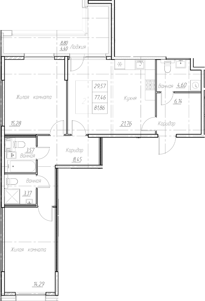 Планировка — Аквилон Ливз, 3-комн., 77 м²
