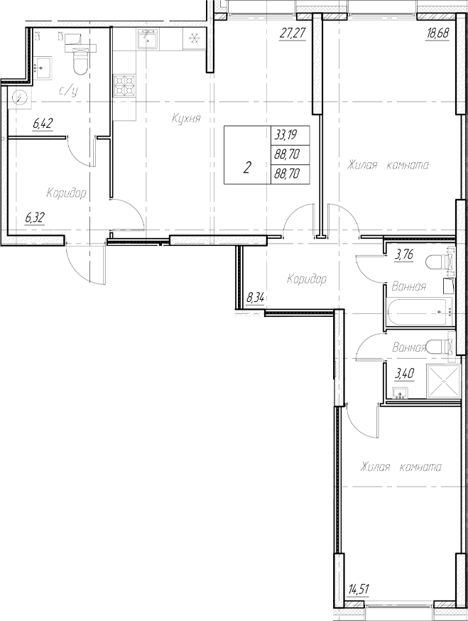 Планировка — Аквилон Ливз, 3-комн., 89 м²