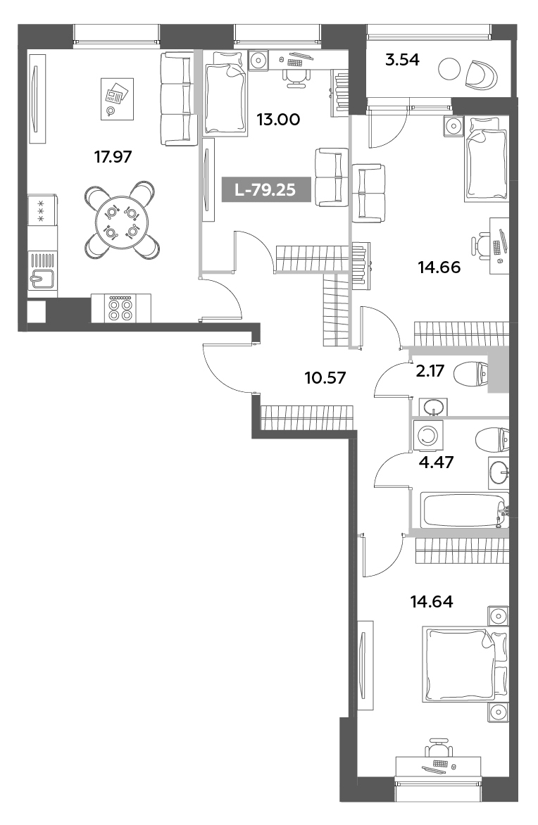 Планировка — Аквилон Ливз, 4-комн., 77 м²