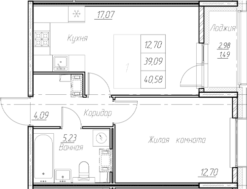 Планировка — Аквилон Ливз, 2-комн., 39 м²