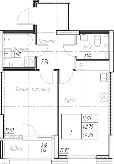 Планировка — Аквилон Ливз, 2-комн., 43 м²