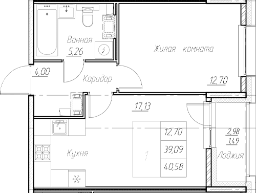 Планировка — Аквилон Ливз, 2-комн., 39 м²